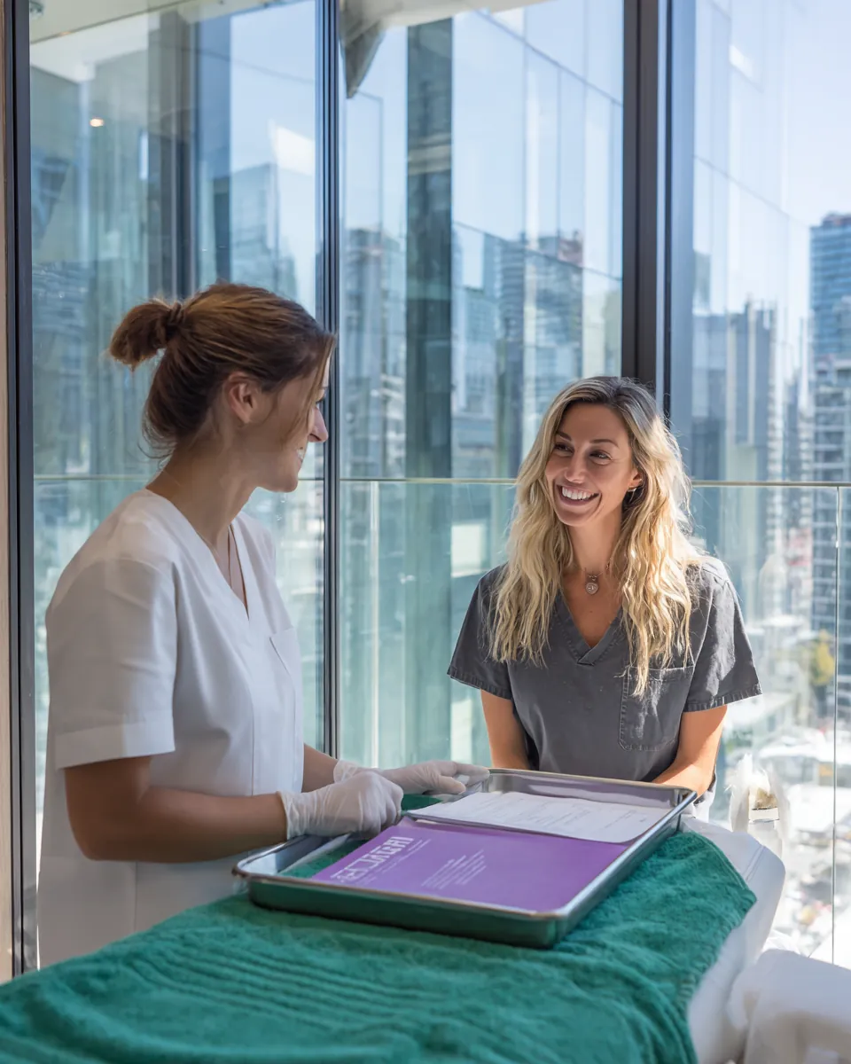 Practitioner talking a patient through a treatment in a bright clinic room