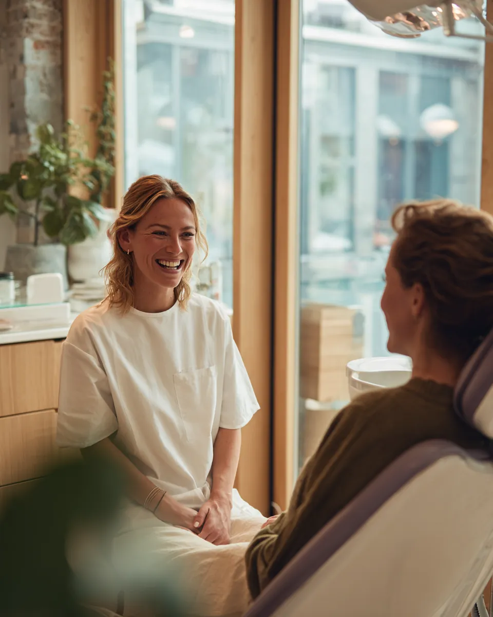 Dentist laughing with a patient in a bright treatment room