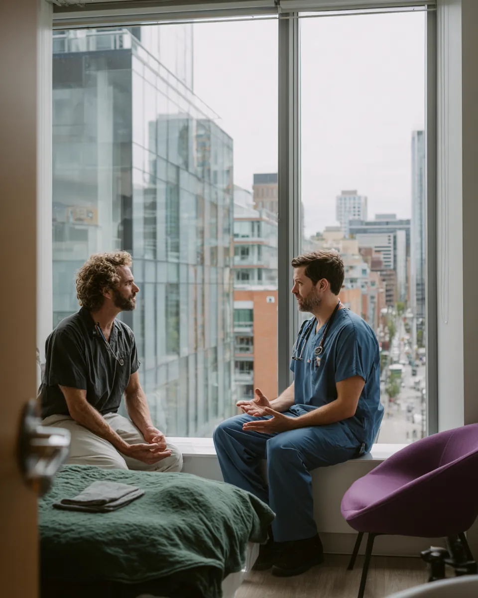 Surgeon consulting with a patient seated on an examination couch