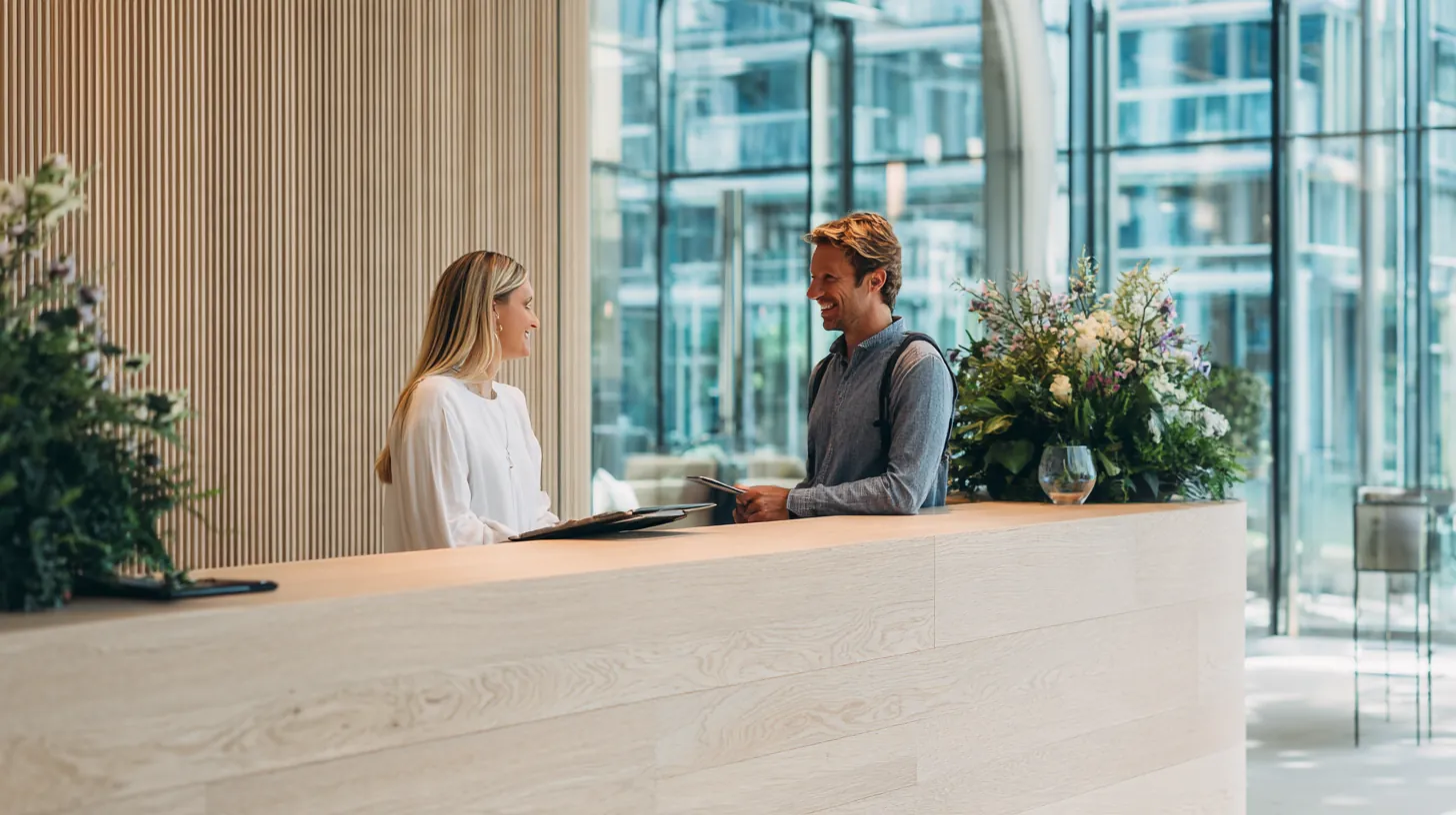 Receptionist greeting a visitor at a pale oak desk in a bright office lobby