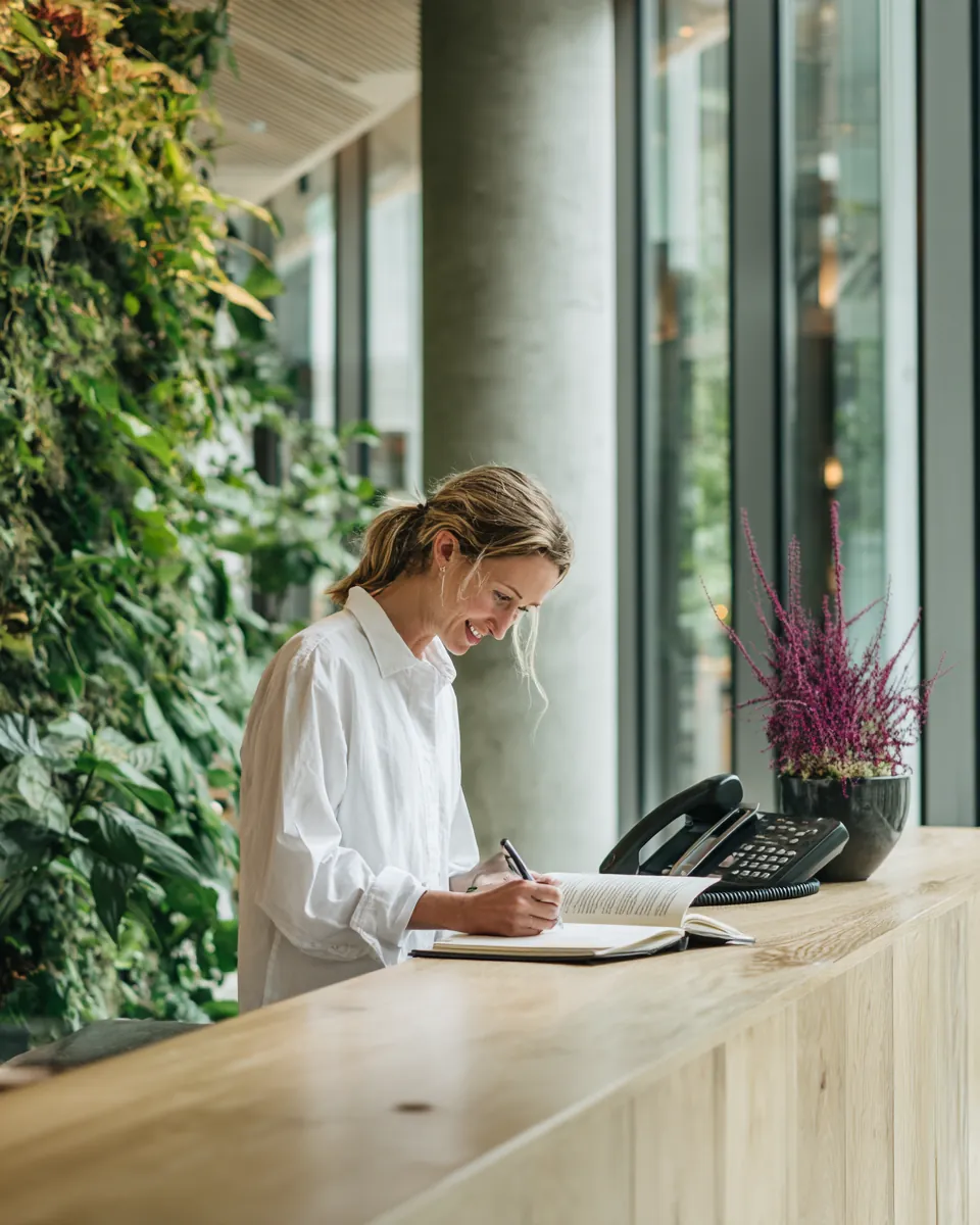 Woman at a front desk answering the phone and writing in a diary