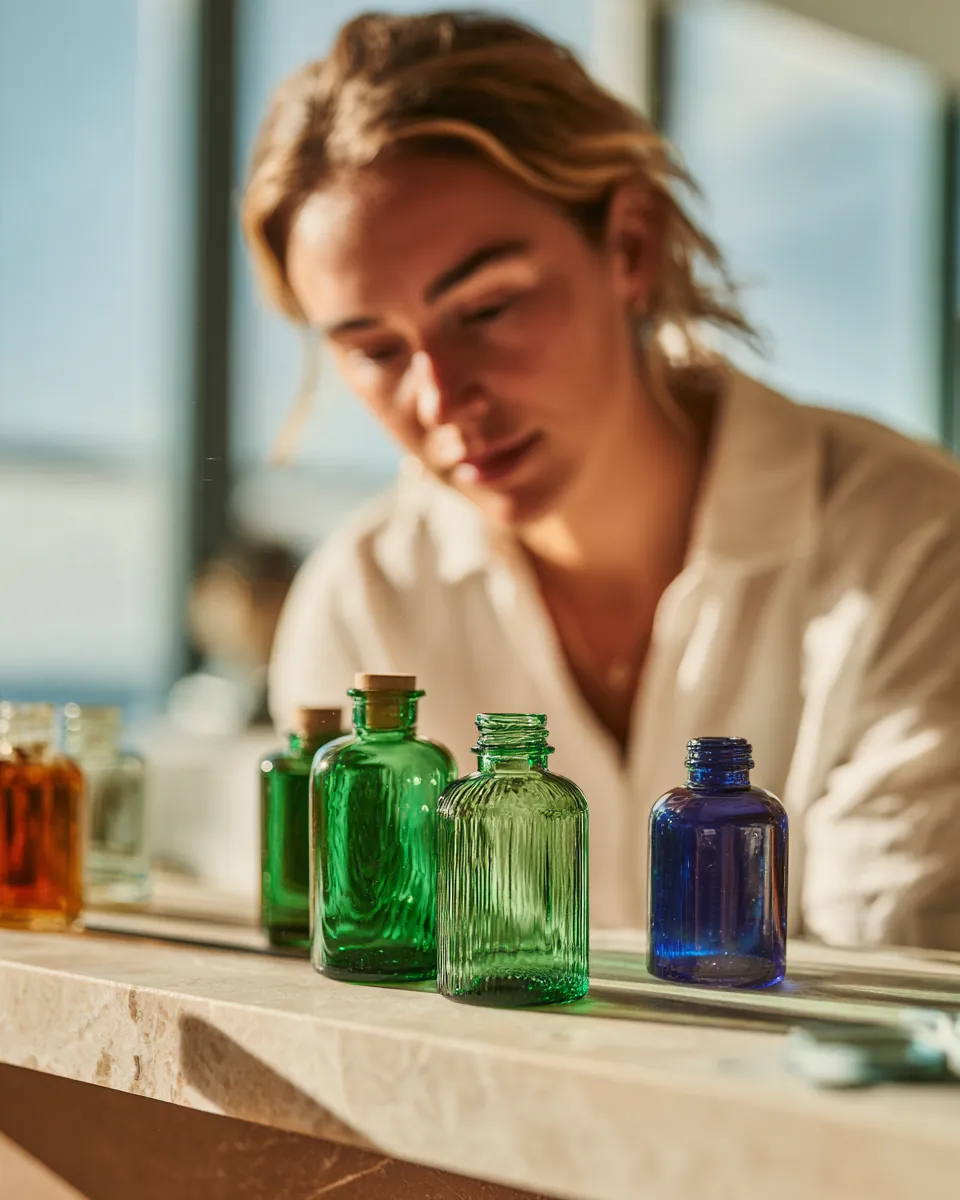 Woman photographing unbranded glass bottles on a travertine shelf