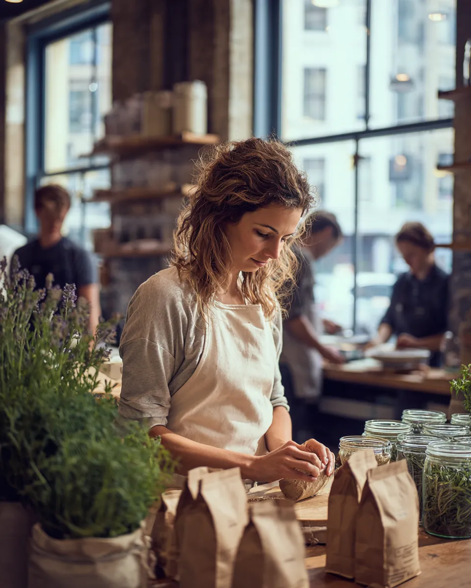 Woman filling kraft pouches at a stone counter in a test kitchen