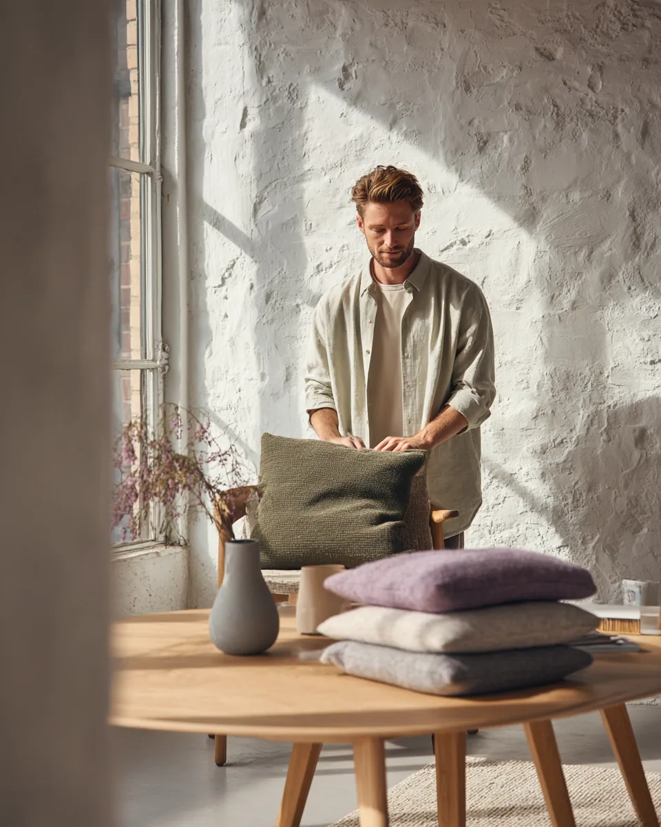 Man styling an oak side table in a bright showroom