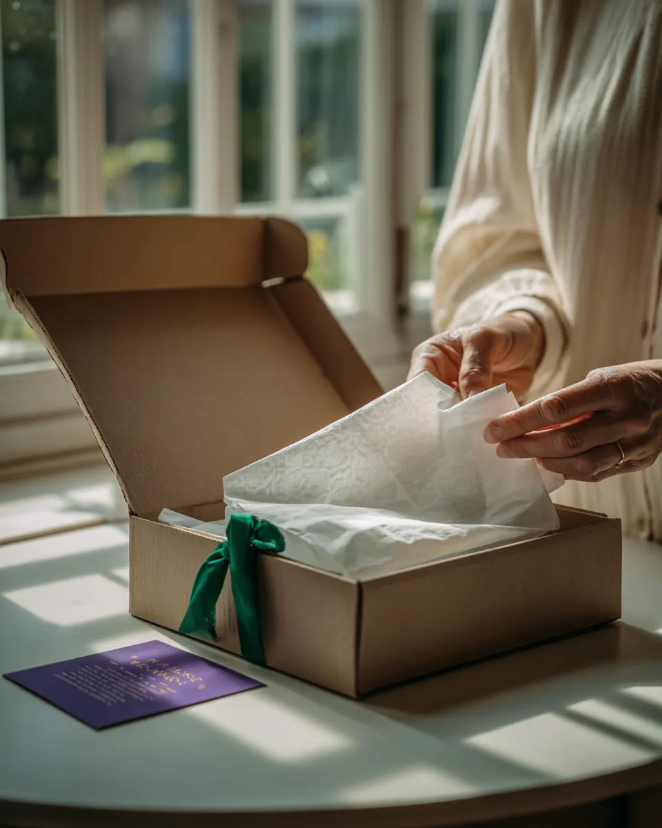 Hands folding tissue paper into a kraft delivery box