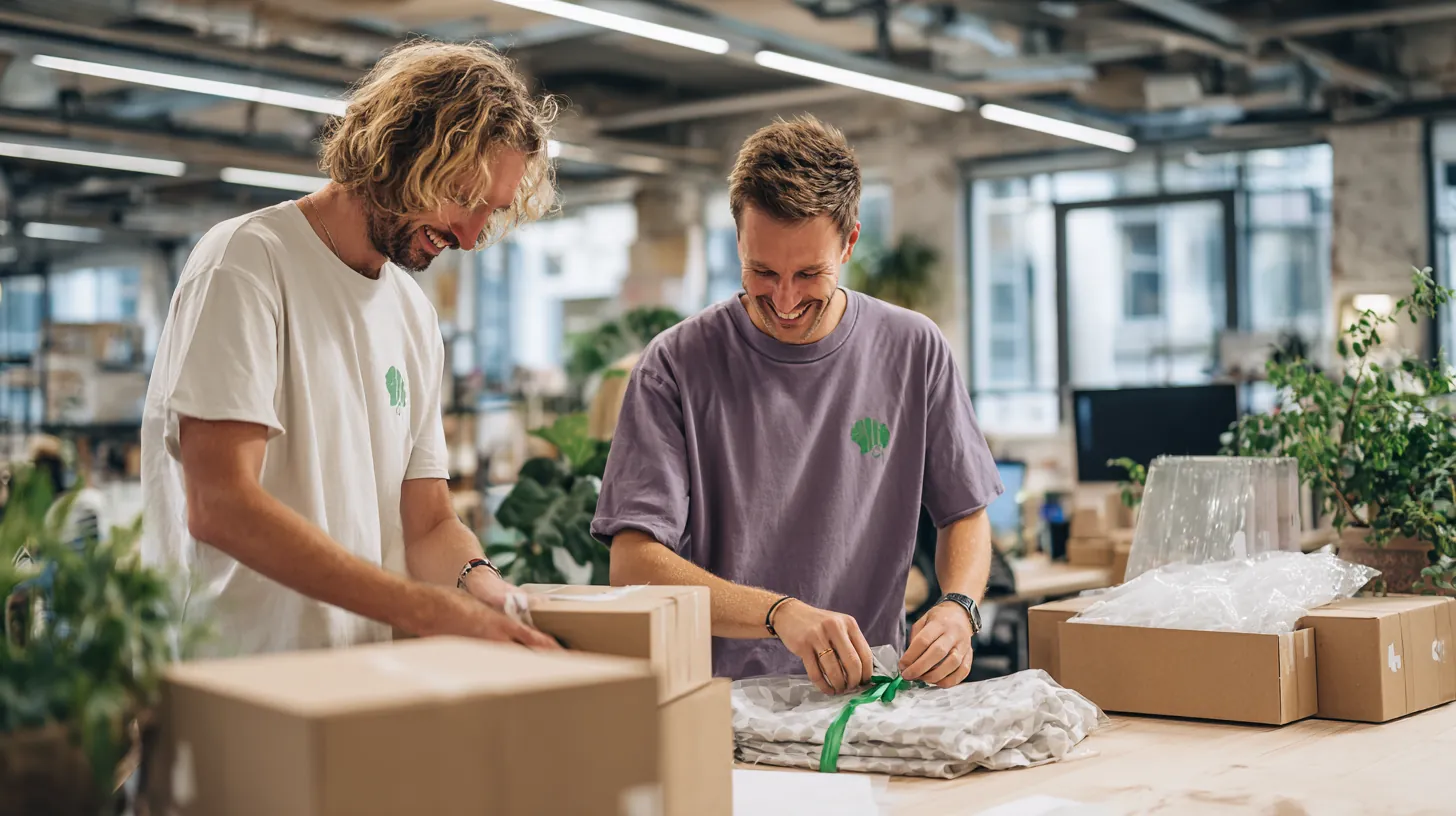 Two founders packing orders at a long white table