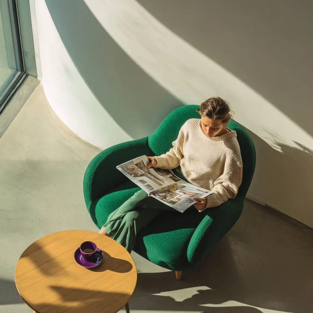 Patient reading in a green armchair in a bright waiting area
