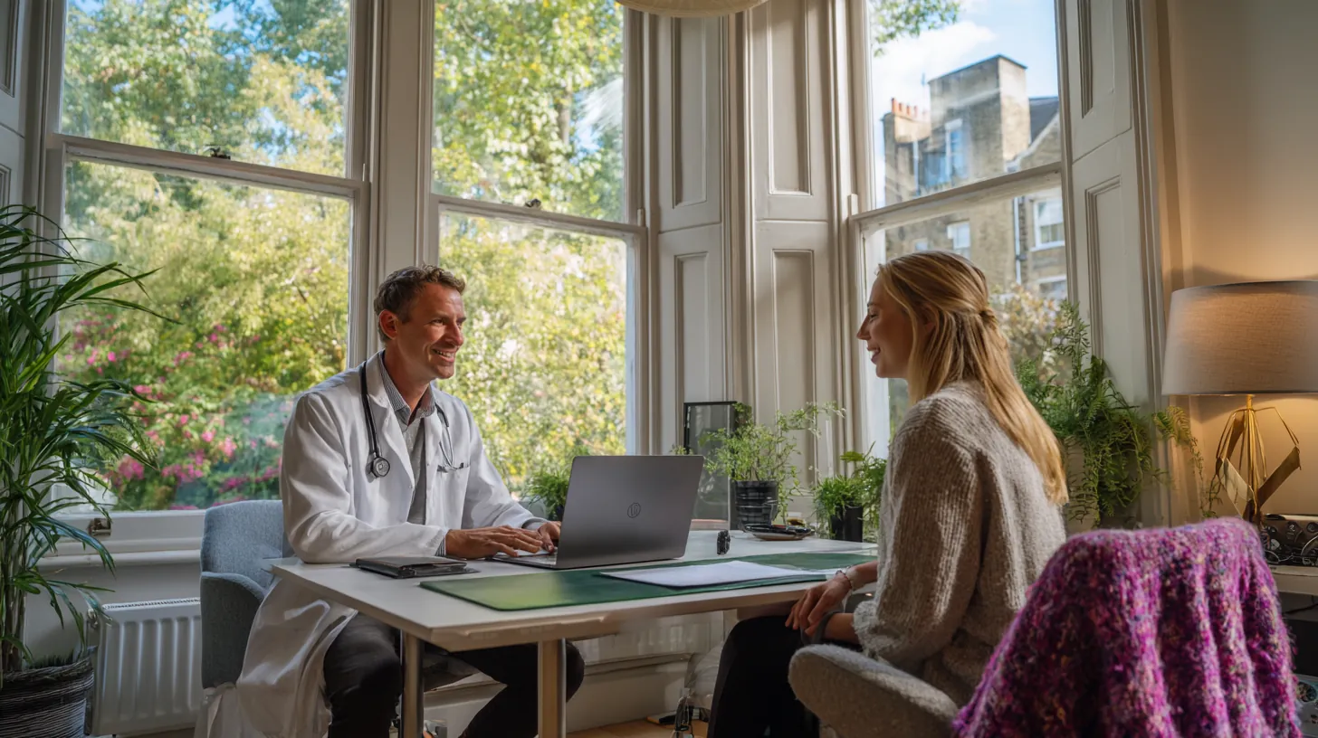 Consultant and clinic owner across a white desk by a window