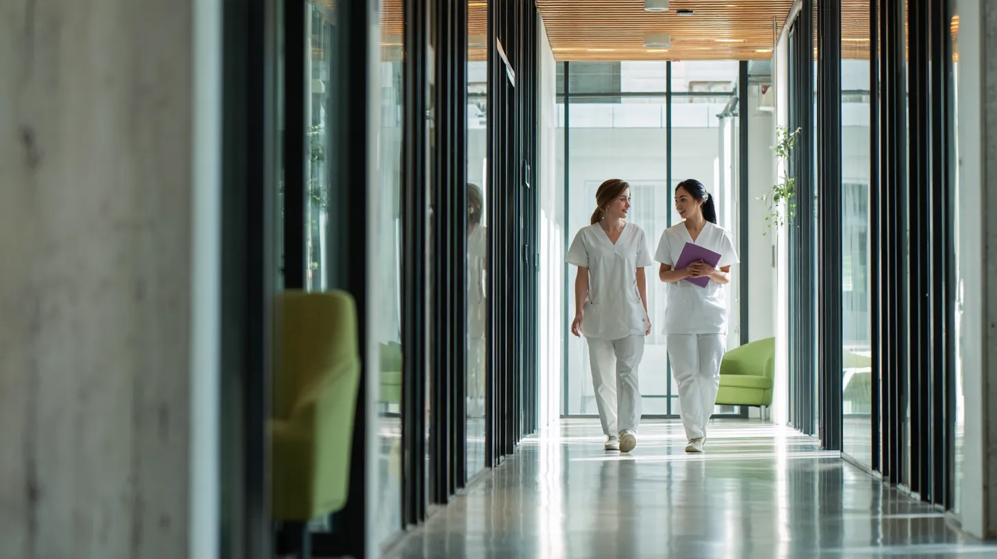 Two clinic staff walking down a bright corridor