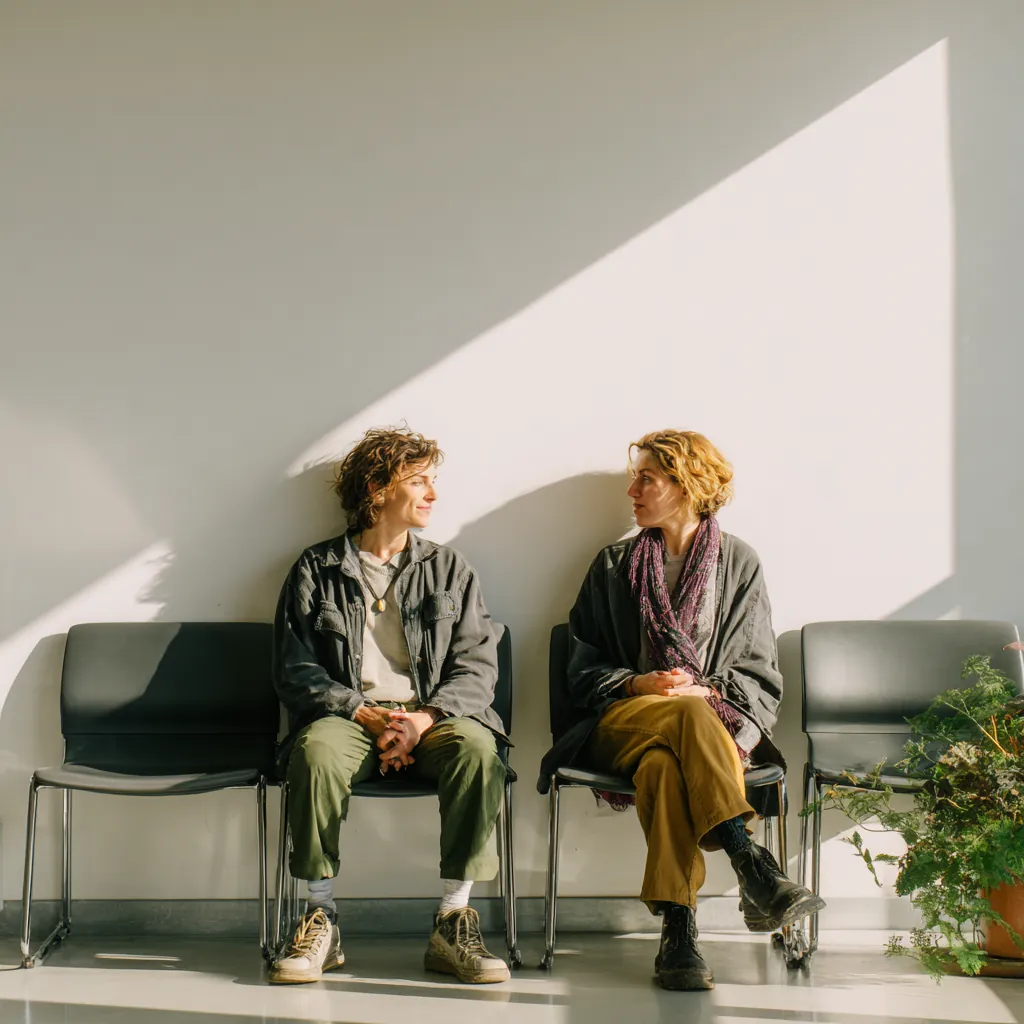 Two patients chatting in waiting chairs against a white wall