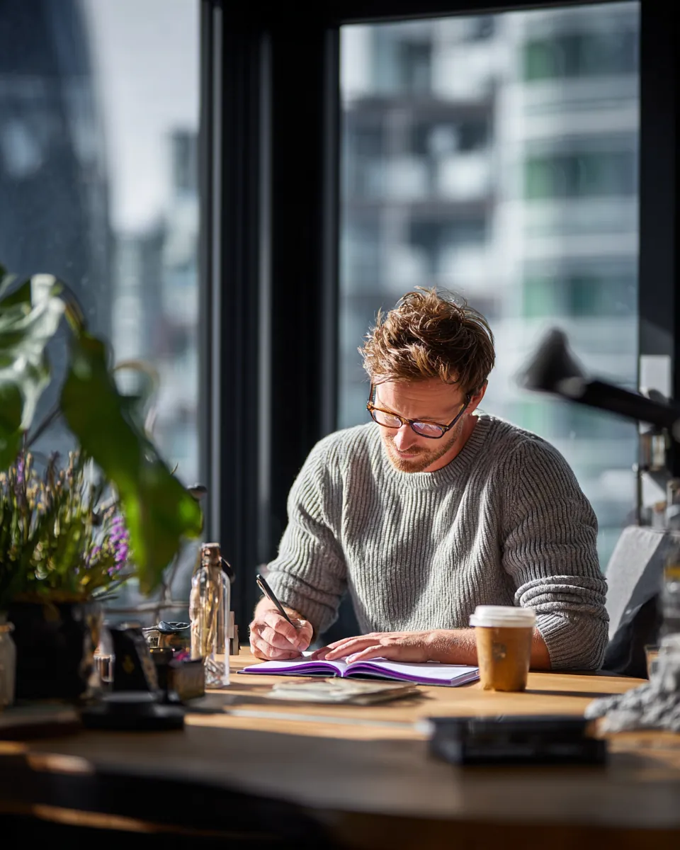 Founder writing a list at an oak desk with a coffee