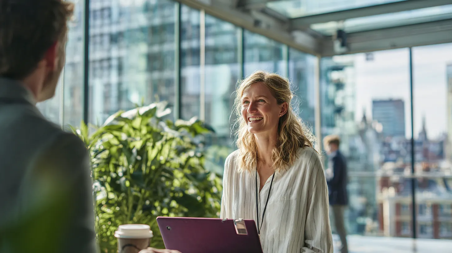 Woman at a standing desk by a glass wall smiling at a colleague handing her a coffee