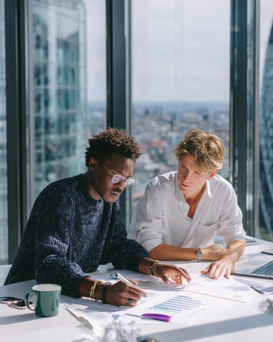 Consultant and client reviewing a printed report together at a desk by the window