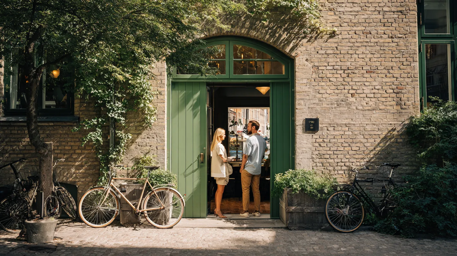 Hotel manager welcoming guests with bicycles at a Copenhagen hotel entrance