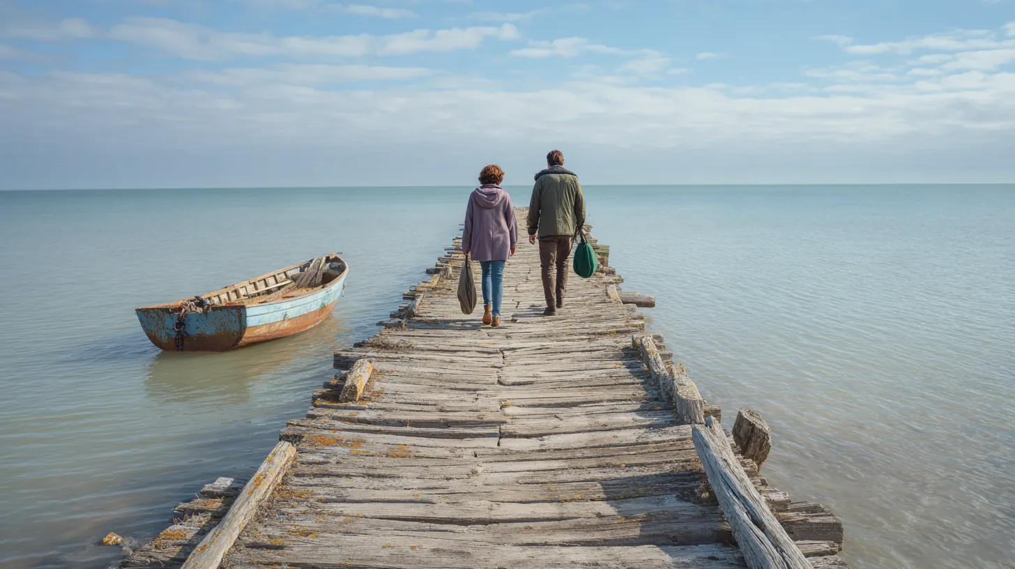 Couple walking along a wooden jetty towards a boat on calm water