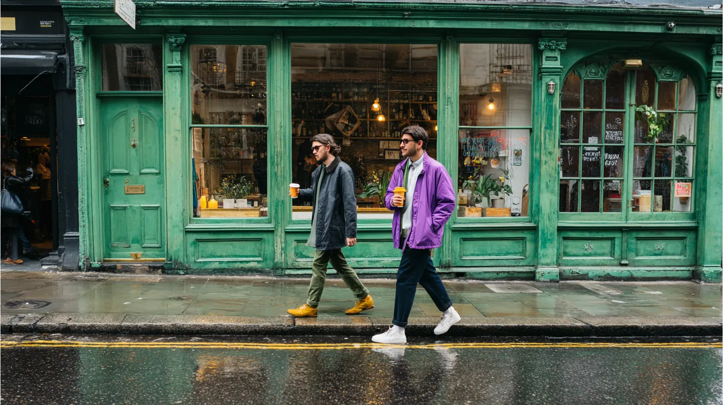 Two colleagues crossing a Clerkenwell street with coffees