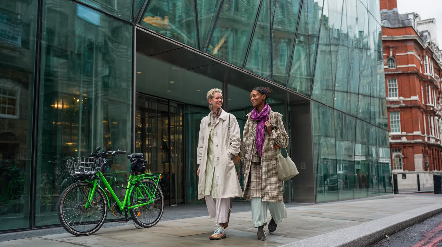 Woman leaving a glass office building onto a London street, laughing with a colleague