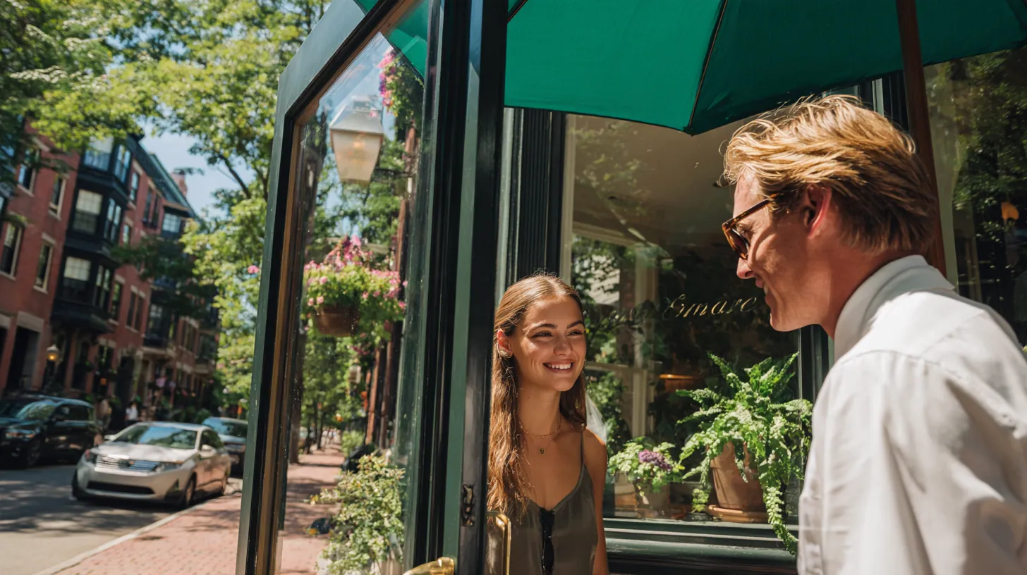 Practice owner holding the door for a client on a tree-lined street