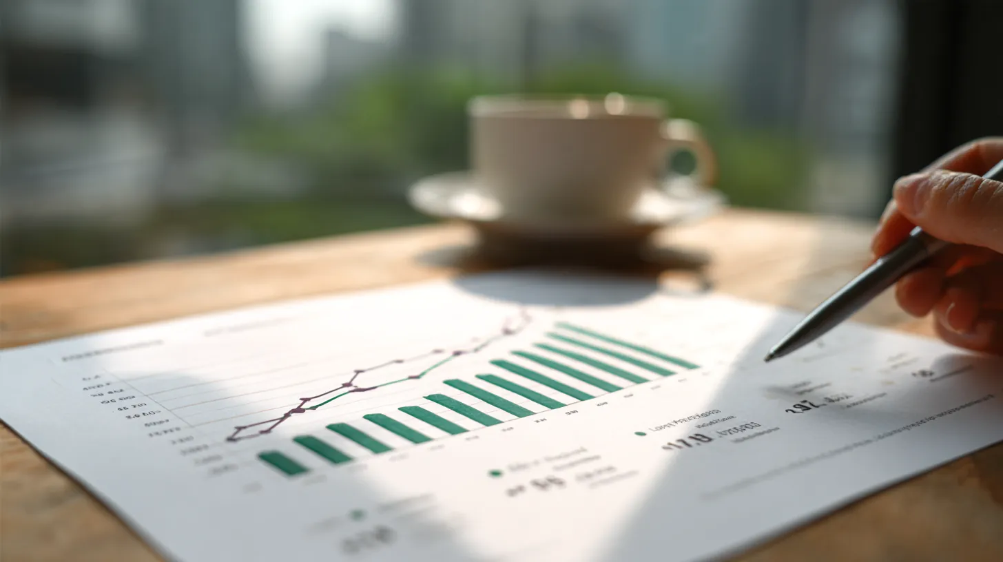 Printed growth report with a bar chart beside a coffee cup