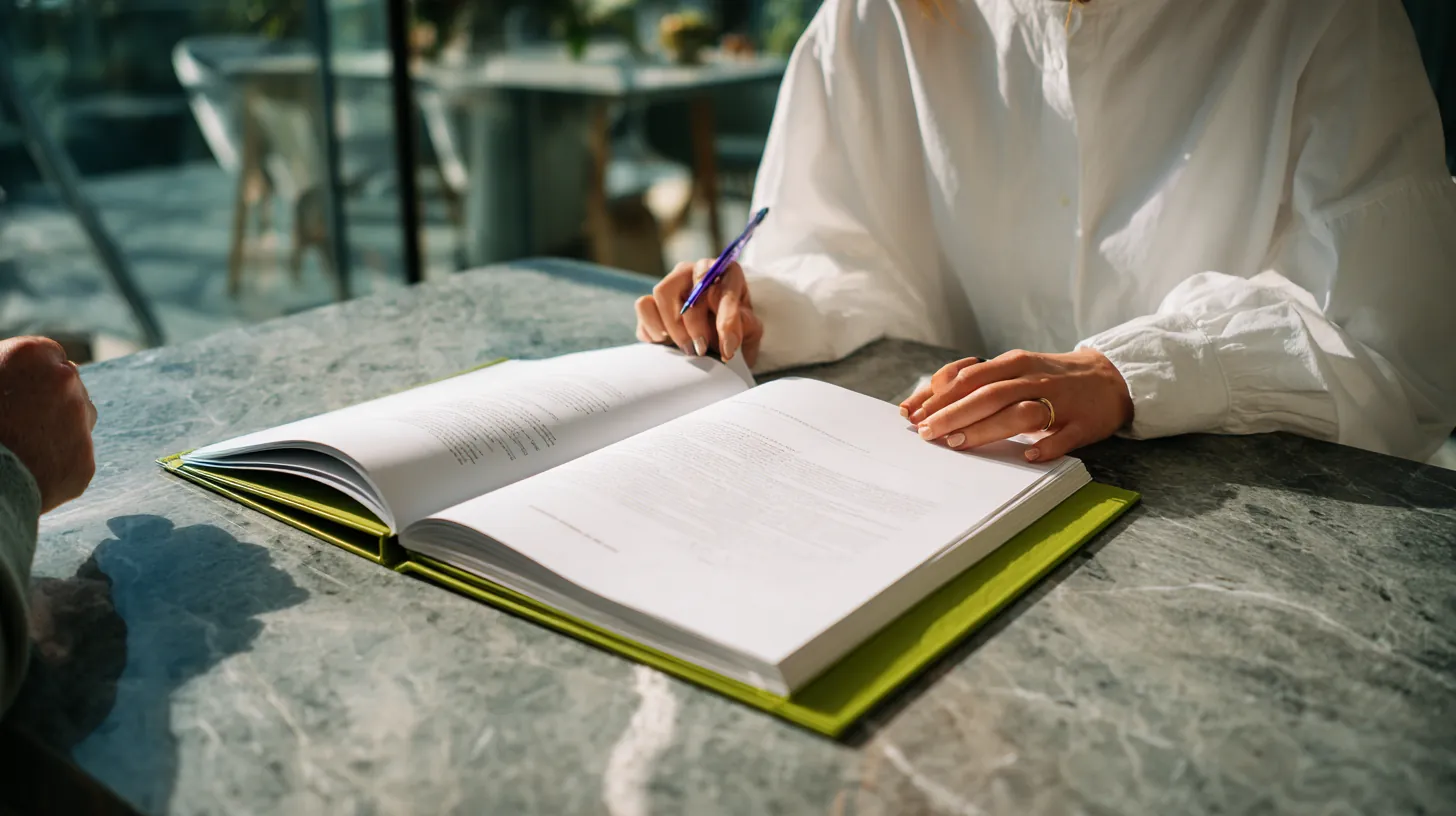 Client turning the page of a bound report at a stone table