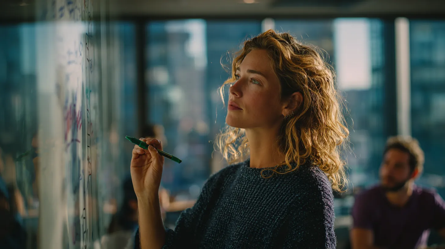 Woman drawing a funnel on a whiteboard in a glass meeting room