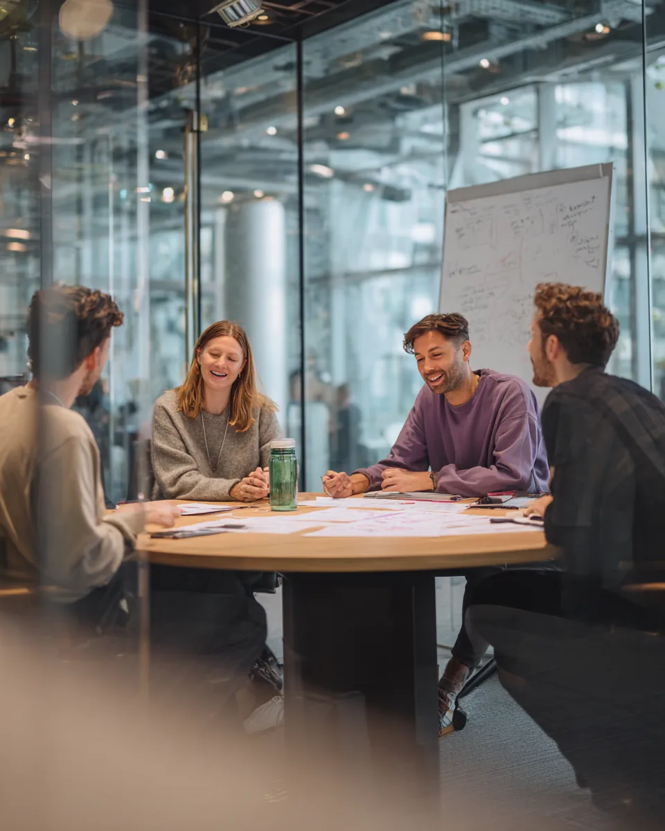 Four agency colleagues around a round table in a glass meeting room