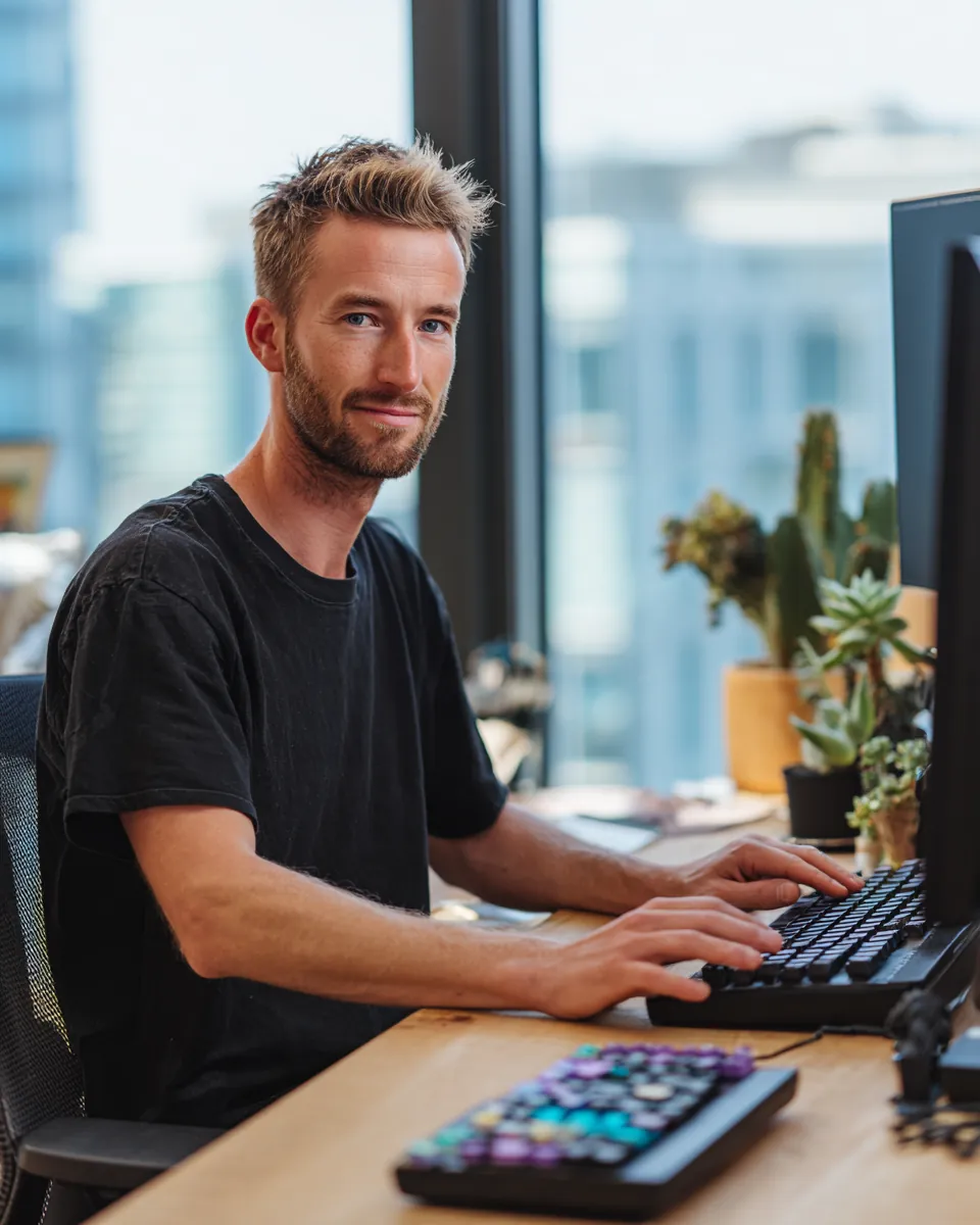 Developer at a minimal desk by a tall window