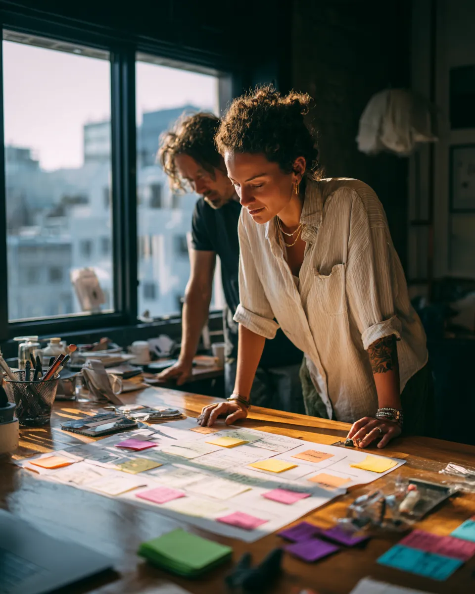 Woman arranging printed cards in a grid on an oak desk