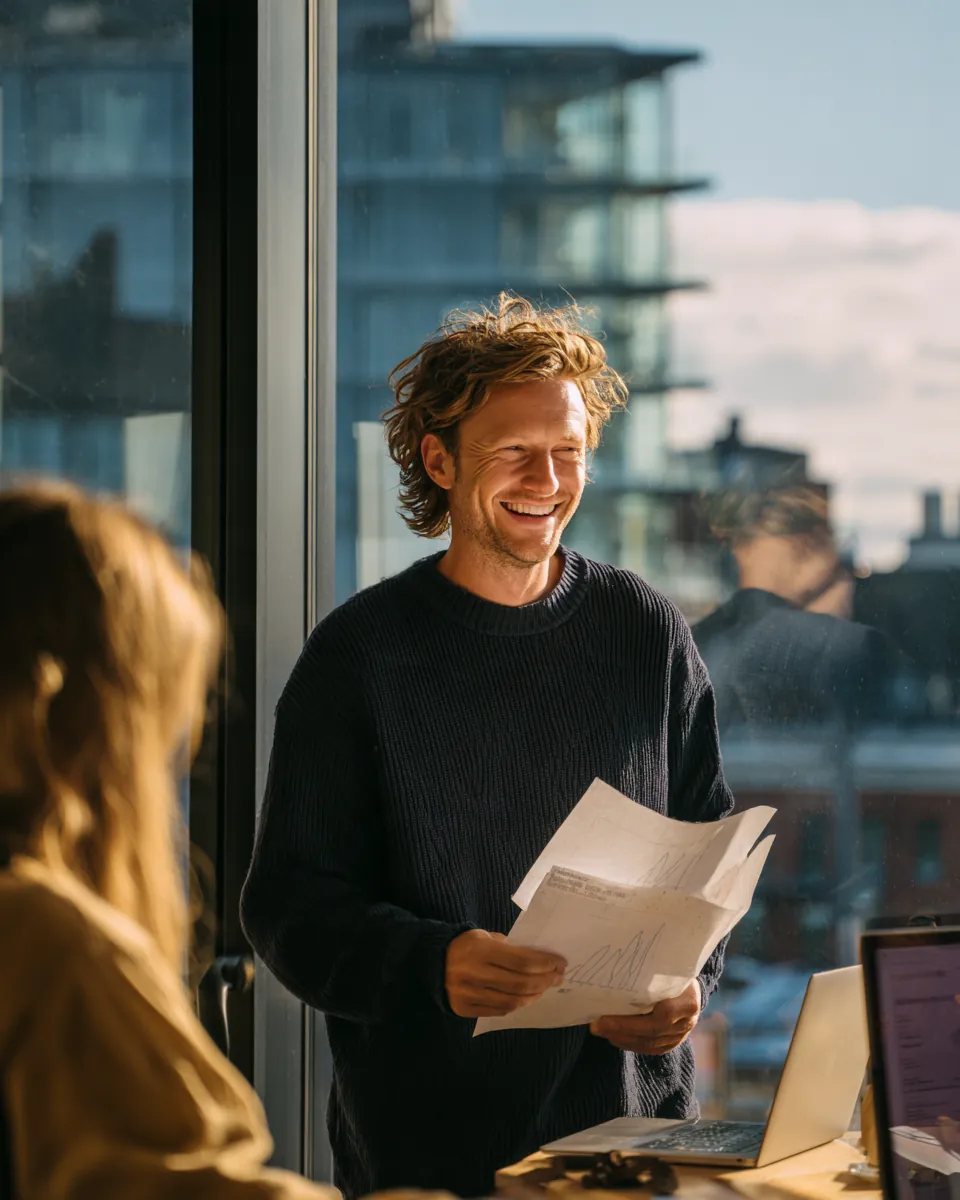 Founder holding up a printed chart and grinning at a colleague