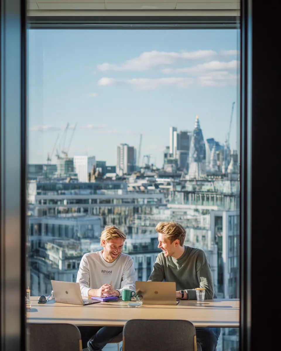 Two co-founders at a white desk by floor-to-ceiling glass