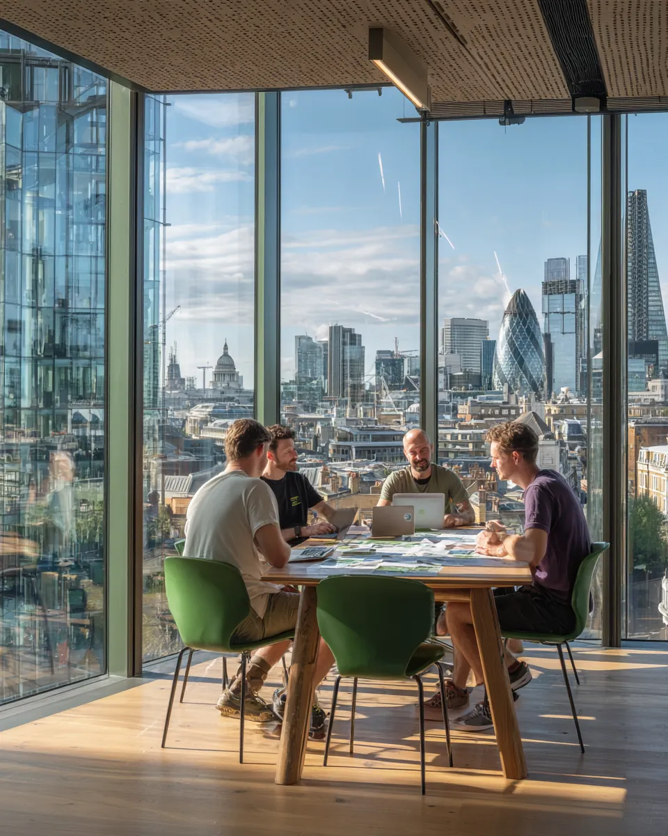 Team of four around a long oak table by floor-to-ceiling glass