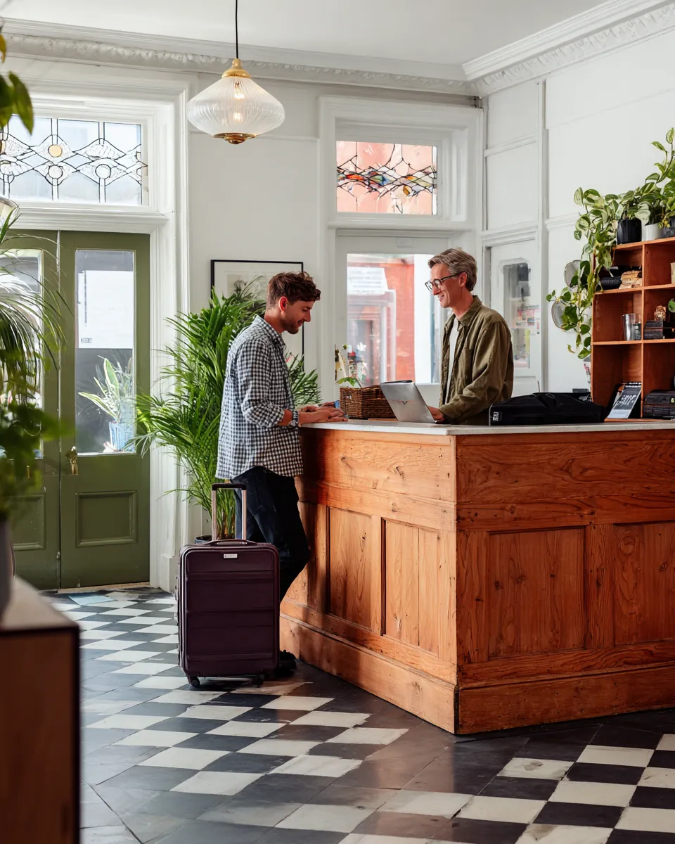 Hotel owner checking in a guest at a small independent hotel