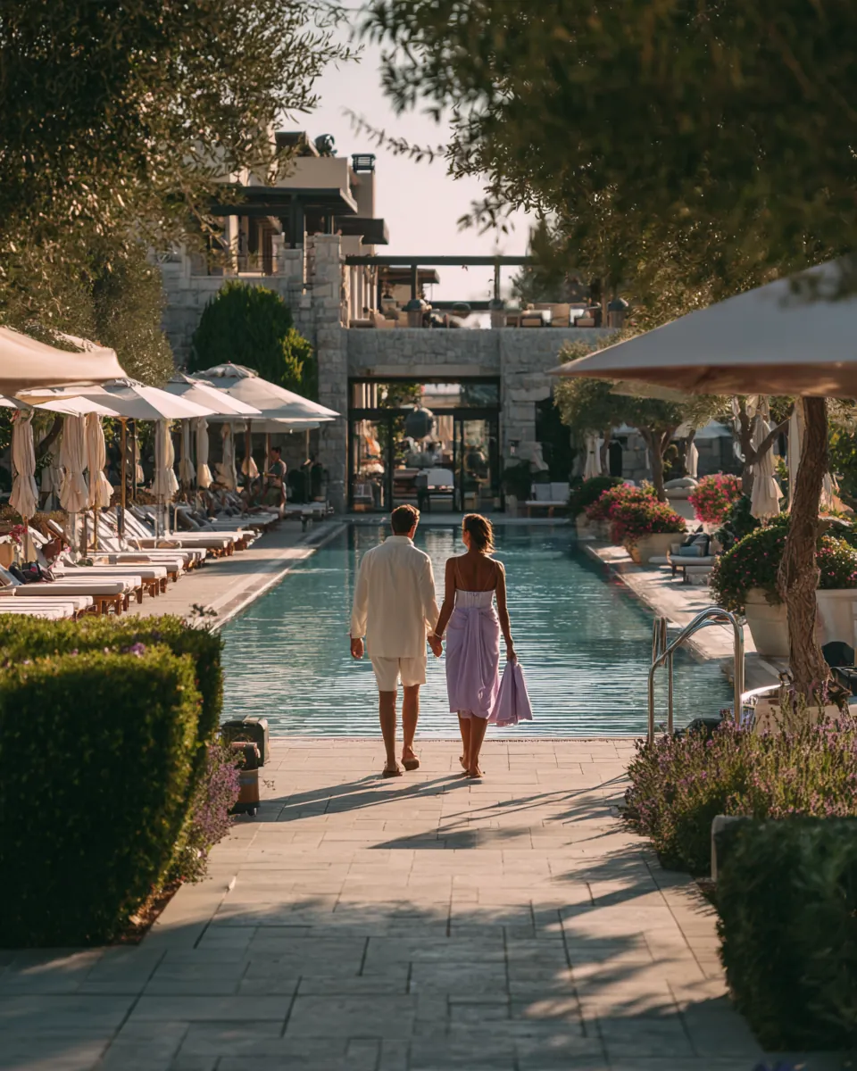 Couple walking along a resort pool terrace at first light