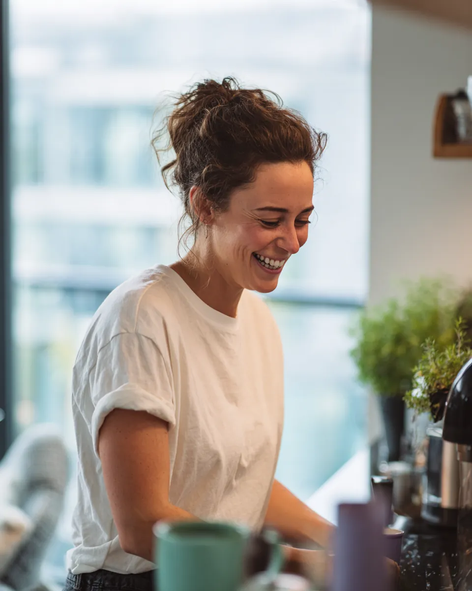 Woman making coffee in the kitchen of a serviced apartment