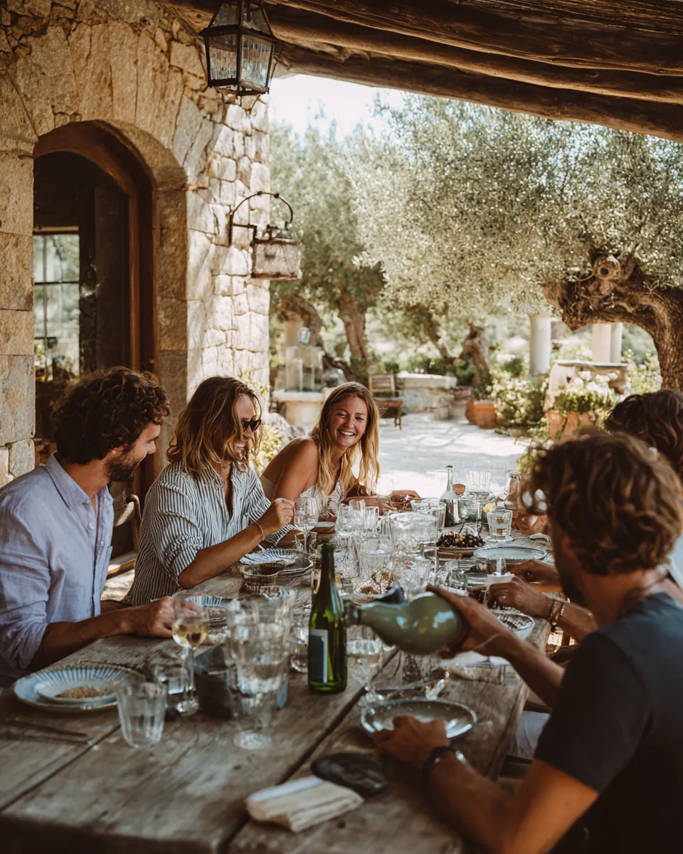 Friends at a long table on a villa terrace under olive trees